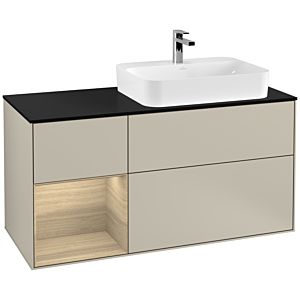 Villeroy und Boch Finion Waschtischunterschrank F392PCHH 120cm, Abdeckplatte black matt, Regal links Oak Veneer, Sand Matt Lacquer