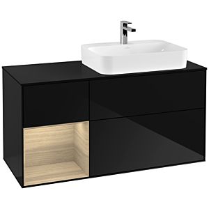 Villeroy und Boch Finion Waschtischunterschrank F392PCPH 120cm, Abdeckplatte black matt, Regal links Oak Veneer, Glossy Black Lacquer