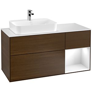 Villeroy et Boch Finion Villeroy et Boch F401GFGN 120cm, plaque de finition blanc mat, étagère à droite laqué blanc brillant, placage noyer