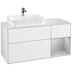 Villeroy und Boch Finion Waschtischunterschrank F401GJGF 120cm, Abdeckplatte white matt, Regal rechts Light grey matt, Glossy white lacquer