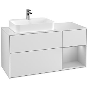 Villeroy und Boch Finion Waschtischunterschrank F401GJMT 120cm, Abdeckplatte white matt, Regal rechts Light grey matt, White matt lacquer