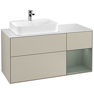 Villeroy und Boch Finion Waschtischunterschrank F401GMHH 120cm, Abdeckplatte white matt, Regal rechts Olive Matt Lacquer, Sand Matt Lacquer