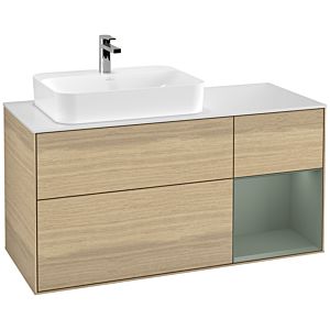 Villeroy und Boch Finion Waschtischunterschrank F401GMPC 120cm, Abdeckplatte white matt, Regal rechts Olive Matt Lacquer, Oak Veneer