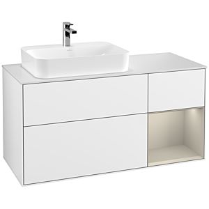 Villeroy und Boch Finion Waschtischunterschrank F401HHGF 120cm, Abdeckplatte white matt, Regal rechts Sand Matt, Glossy white lacquer