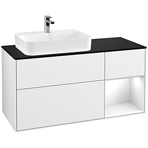 Villeroy und Boch Finion Waschtischunterschrank F402GFGF 120cm, Abdeckplatte black matt, Regal rechts Glossy white lacquer, Glossy white lacquer