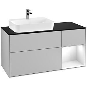Villeroy und Boch Finion Waschtischunterschrank F402GFGJ 120cm, Abdeckplatte black matt, Regal rechts Glossy white lacquer, Light grey matt