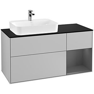 Villeroy und Boch Finion Waschtischunterschrank F402GKGJ 120cm, Abdeckplatte black matt, Regal rechts Anthracite matt, Light grey matt