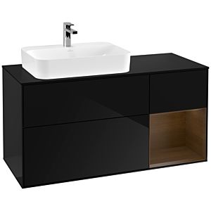 Villeroy und Boch Finion Waschtischunterschrank F402GNPH 120cm, Abdeckplatte black matt, Regal rechts Walnut veneer, Glossy Black Lacquer