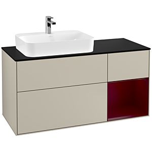 Villeroy und Boch Finion Waschtischunterschrank F402HBHH 120cm, Abdeckplatte black matt, Regal rechts Peony, Sand Matt Lacquer