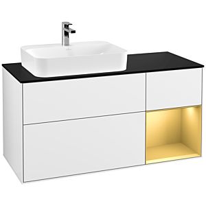 Villeroy et Boch Finion Villeroy et Boch F402HFGF 120cm, plaque de finition noir mat, étagère droite or mat, laqué blanc brillant