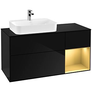 Villeroy und Boch Finion Waschtischunterschrank F402HFPH 120cm, Abdeckplatte black matt, Regal rechts Gold matt, Glossy Black Lacquer