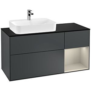 Villeroy und Boch Finion Waschtischunterschrank F402HHHG 120cm, Abdeckplatte black matt, Regal rechts Sand Matt, Midnight Blue Matt Lacquer
