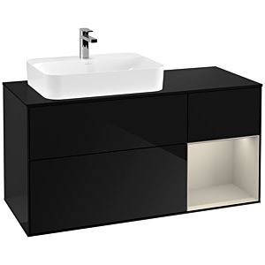 Villeroy und Boch Finion Waschtischunterschrank F402HHPH 120cm, Abdeckplatte black matt, Regal rechts Sand Matt, Glossy Black Lacquer