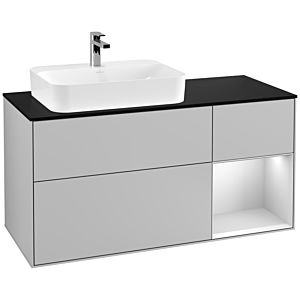 Villeroy und Boch Finion Waschtischunterschrank F402MTGJ 120cm, Abdeckplatte black matt, Regal rechts White matt lacquer, Light grey matt