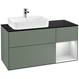 Villeroy et Boch Finion Villeroy et Boch F402MTGM 120cm, plaque de finition noir mat, étagère à droite laqué blanc mat, Olive Matt Lacquer