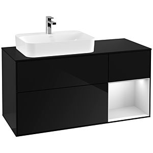 Villeroy und Boch Finion Waschtischunterschrank F402MTPH 120cm, Abdeckplatte black matt, Regal rechts White matt lacquer, Glossy Black Lacquer