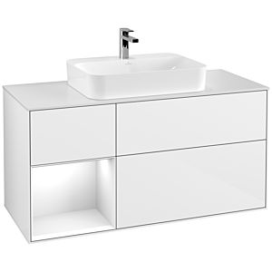 Villeroy und Boch Finion Waschtischunterschrank F411GFGF 120cm, Abdeckplatte white matt, Regal links Glossy white lacquer, Glossy white lacquer