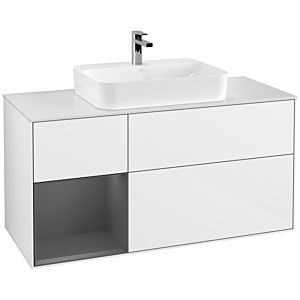 Villeroy und Boch Finion Waschtischunterschrank F411GKGF 120cm, Abdeckplatte white matt, Regal links Anthracite matt, Glossy white lacquer