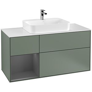 Villeroy et Boch Finion Villeroy et Boch F411GKGM 120cm, plaque de finition blanc mat, étagère gauche anthracite mat, Olive Matt Lacquer