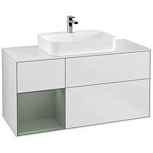 Villeroy et Boch Finion Villeroy et Boch F411GMMT 120cm, plaque de recouvrement blanc mat, étagère gauche Olive Matt Lacquer , laqué blanc mat