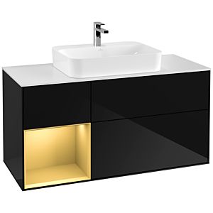 Villeroy und Boch Finion Waschtischunterschrank F411HFPH 120cm, Abdeckplatte white matt, Regal links Gold matt, Glossy Black Lacquer
