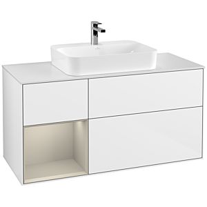 Villeroy und Boch Finion Waschtischunterschrank F411HHGF 120cm, Abdeckplatte white matt, Regal links Sand Matt Lacquer, Glossy white lacquer
