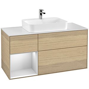 Villeroy und Boch Finion Waschtischunterschrank F411MTPC 120cm, Abdeckplatte white matt, Regal links White matt lacquer, Oak Veneer