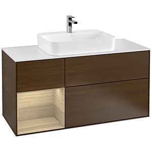Villeroy und Boch Finion Waschtischunterschrank F411PCGN 120cm, Abdeckplatte white matt, Regal links Oak Veneer, Walnut veneer