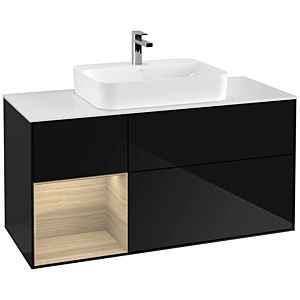 Villeroy und Boch Finion Waschtischunterschrank F411PCPH 120cm, Abdeckplatte white matt, Regal links Oak Veneer, Glossy Black Lacquer
