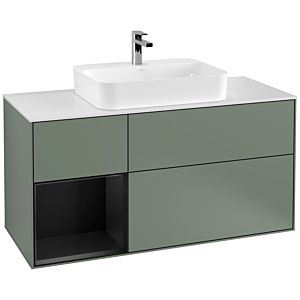 Villeroy et Boch Finion Villeroy et Boch F411PDGM 120cm, plaque de recouvrement blanc mat, étagère gauche laqué noir mat, Olive Matt Lacquer