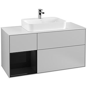 Villeroy und Boch Finion Waschtischunterschrank F411PHGJ 120cm, Abdeckplatte white matt, Regal links Glossy Black Lacquer, Light grey matt