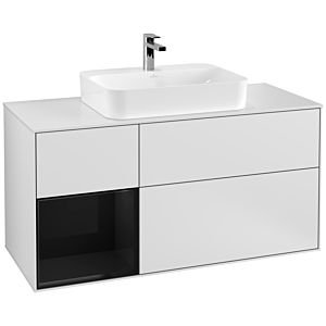 Villeroy und Boch Finion Waschtischunterschrank F411PHMT 120cm, Abdeckplatte white matt, Regal links Glossy Black Lacquer, White matt lacquer