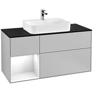 Villeroy und Boch Finion Waschtischunterschrank F412GFGJ 120cm, Abdeckplatte black matt, Regal links Glossy white lacquer, Light grey matt