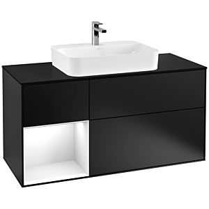 Villeroy und Boch Finion Waschtischunterschrank F412GFPD 120cm, Abdeckplatte black matt, Regal links Glossy white lacquer, Black matt lacquer