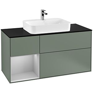 Villeroy und Boch Finion Waschtischunterschrank F412GJGM 120cm, Abdeckplatte black matt, Regal links Light grey matt, Olive Matt Lacquer