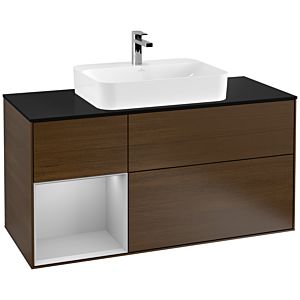 Villeroy und Boch Finion Waschtischunterschrank F412GJGN 120cm, Abdeckplatte black matt, Regal links Light grey matt, Walnut veneer