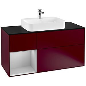 Villeroy und Boch Finion Waschtischunterschrank F412GJHB 120cm, Abdeckplatte black matt, Regal links Light grey matt, Peony Matt