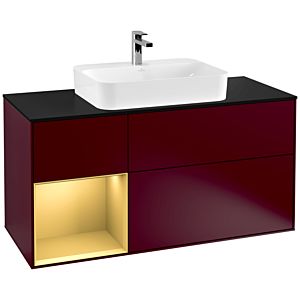 Villeroy und Boch Finion Waschtischunterschrank F412HFHB 120cm, Abdeckplatte black matt, Regal links Gold matt, Peony Matt