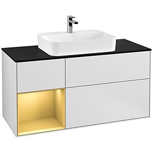 Villeroy und Boch Finion Waschtischunterschrank F412HFMT 120cm, Abdeckplatte black matt, Regal links Gold matt, White matt lacquer