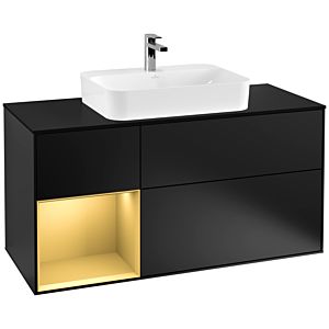 Villeroy und Boch Finion Waschtischunterschrank F412HFPD 120cm, Abdeckplatte black matt, Regal links Gold matt, Black matt lacquer