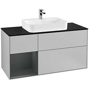 Villeroy und Boch Finion Waschtischunterschrank F412HGGJ 120cm, Abdeckplatte black matt, Regal links Midnight Blue Matt Lacquer, Light grey matt