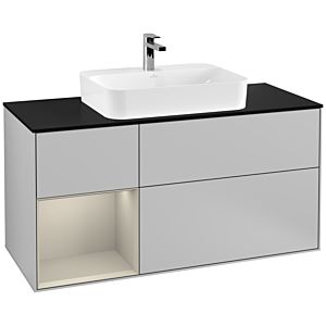 Villeroy und Boch Finion Waschtischunterschrank F412HHGJ 120cm, Abdeckplatte black matt, Regal links Sand Matt Lacquer, Light grey matt