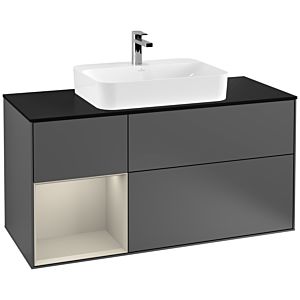Villeroy und Boch Finion Waschtischunterschrank F412HHGK 120cm, Abdeckplatte black matt, Regal links Sand Matt Lacquer, Anthracite matt
