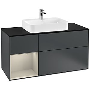 Villeroy und Boch Finion Waschtischunterschrank F412HHHG 120cm, Abdeckplatte black matt, Regal links Sand Matt Lacquer, Midnight Blue Matt Lacquer