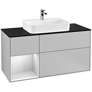 Villeroy und Boch Finion Waschtischunterschrank F412MTGJ 120cm, Abdeckplatte black matt, Regal links White matt lacquer, Light grey matt