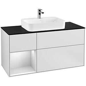 Villeroy und Boch Finion Waschtischunterschrank F412MTMT 120cm, Abdeckplatte black matt, Regal links White matt lacquer, White matt lacquer