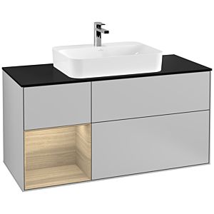 Villeroy und Boch Finion Waschtischunterschrank F412PCGJ 120cm, Abdeckplatte black matt, Regal links Oak Veneer, Light grey matt