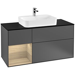 Villeroy und Boch Finion Waschtischunterschrank F412PCGK 120cm, Abdeckplatte black matt, Regal links Oak Veneer, Anthracite matt