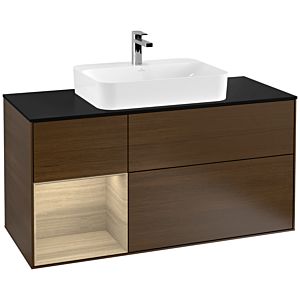 Villeroy und Boch Finion Waschtischunterschrank F412PCGN 120cm, Abdeckplatte black matt, Regal links Oak Veneer, Walnut veneer