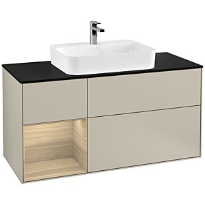 Villeroy und Boch Finion Waschtischunterschrank F412PCHH 120cm, Abdeckplatte black matt, Regal links Oak Veneer, Sand Matt Lacquer